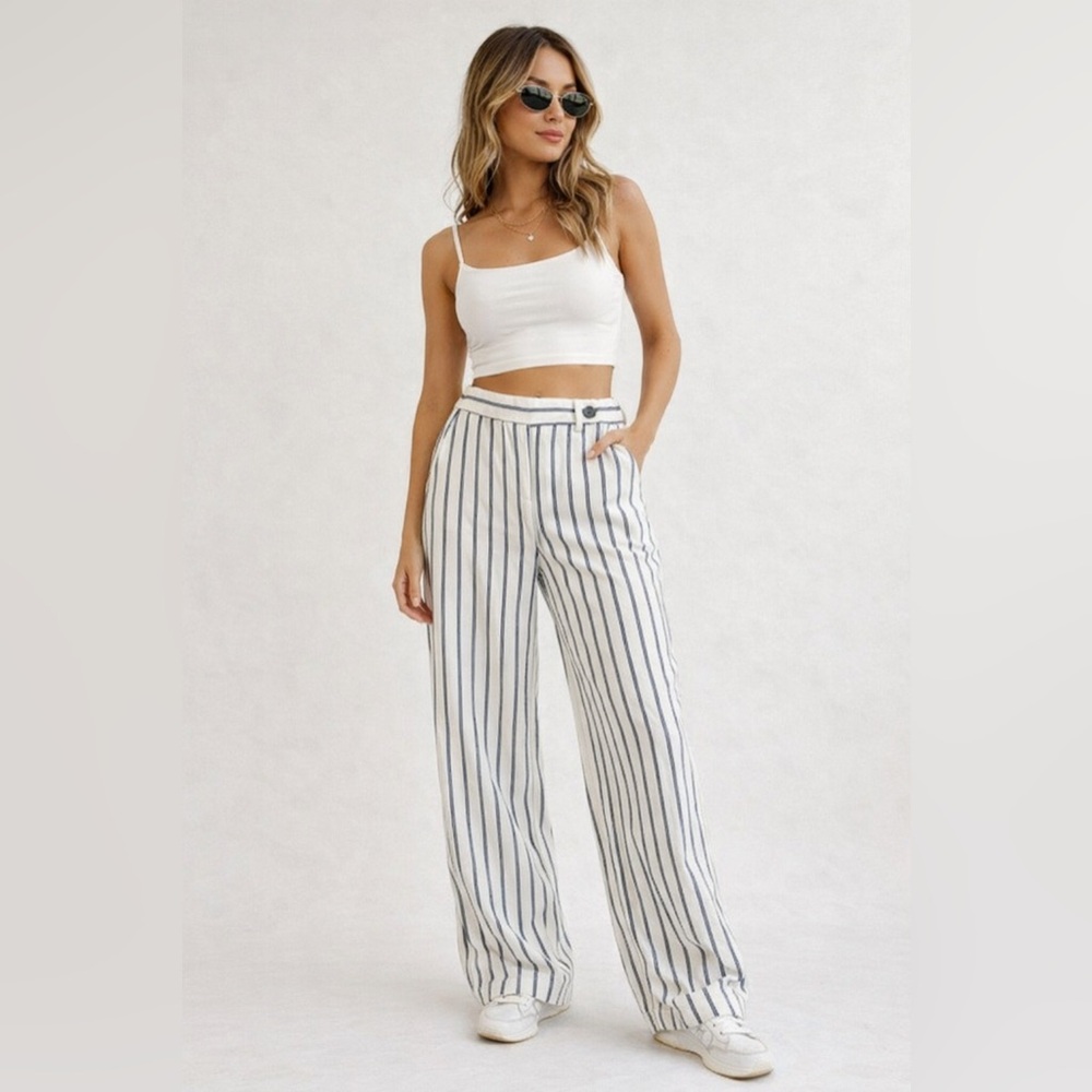 J Jill Striped Cream/ Navy‎ Blue Linen Blend Westport Pants Sz. 4